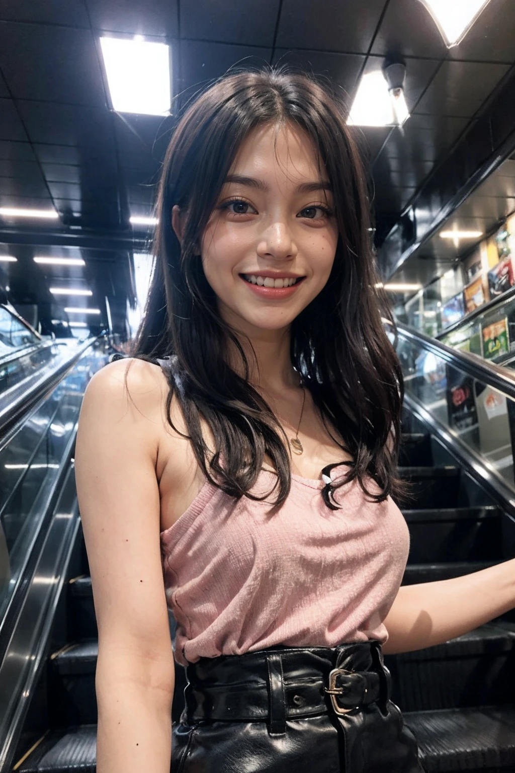 <lora:Escalatorview_v2:0.6>,1girl,(upper body:1.4),(happy,grin,teeth),1girl, Escalatorview