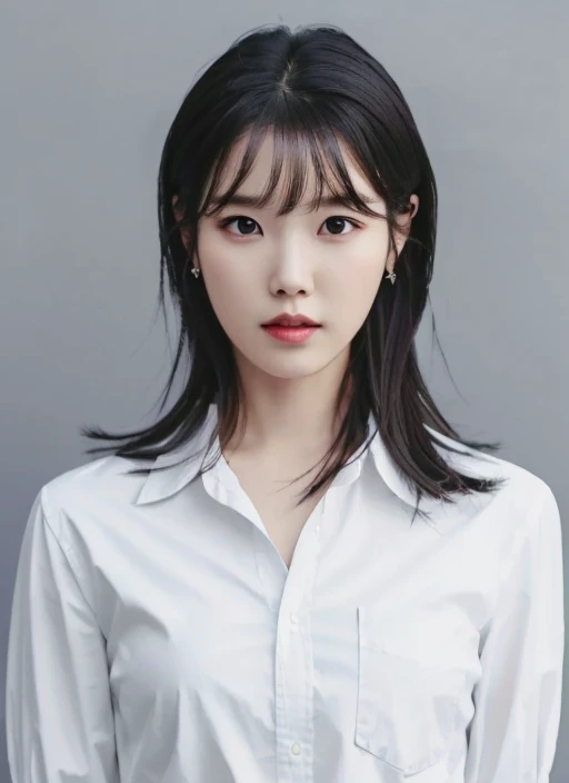 best quality, RAW photo, IU, Lee Ji Eun, 1girl, solo, long hair, looking at viewer, simple background, black hair, white shirt, earrings, parted lips, grey background, lips, <lora:iu_v5:0.7>