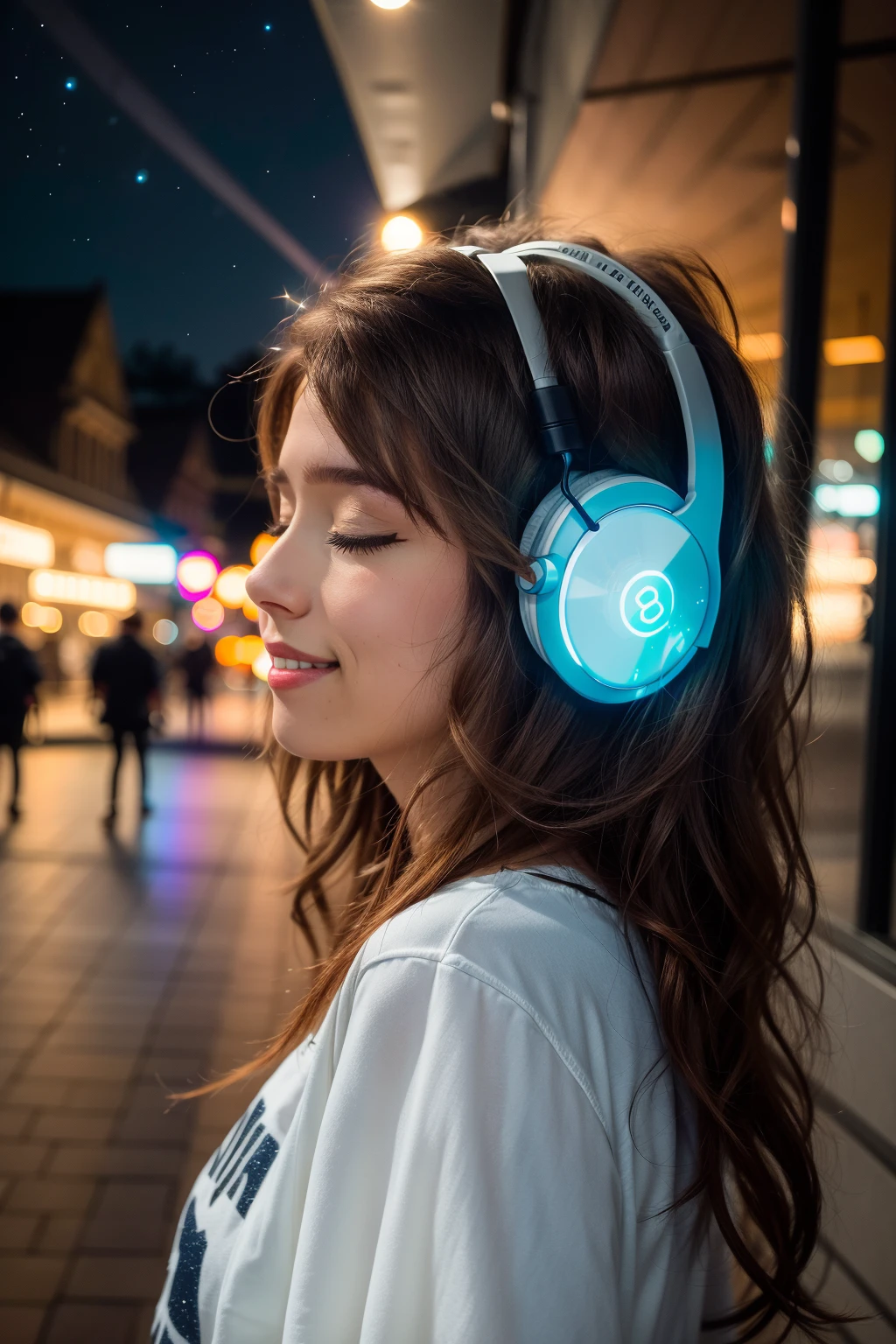 <lora:more_details:0.3>, solo, very detailed, detailed face, pokidiffusion, picture of a beautiful girl with long messy hair wearing colored casual clothes and big glowing headset, eyes closed, outside in a common place, moonlight, starry sky, detailed shadowing and lighting, smiling, intricate view, from the side