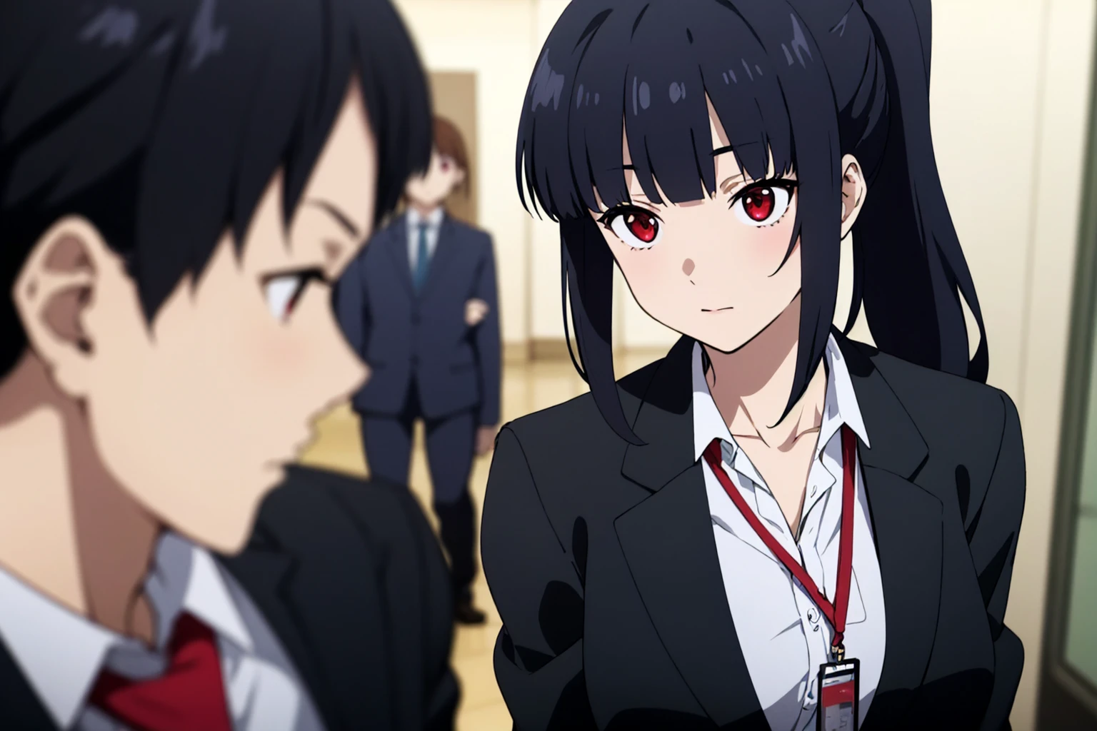 masterpiece, best quality, anime screencap, cute, 
long hair, black hair, blunt bangs, ponytail, red eyes, large breasts, lanyard, sweater, suit jacket, 
depth of field, close-up, cyberpunk, hallway,