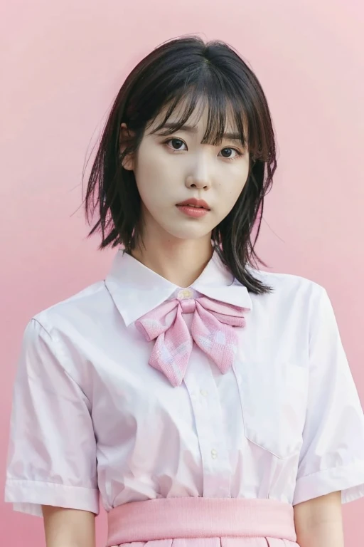 IU, Lee Ji Eun, 1girl, solo, looking at viewer, bangs, black hair, white shirt, pink skirt,  upper body,  black eyes, lips,  pink bowtie,   <lora:iu_v5:0.7>