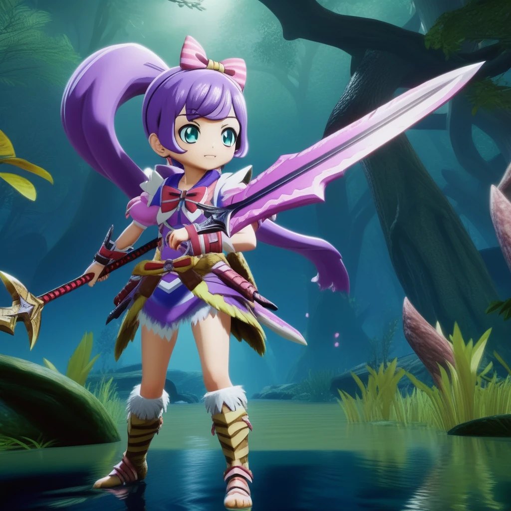 full body portrait,monster_hunter_rise PS5 ingame screenshot,a girl laala manaka holding a big sword,go through the creepy swamp.,she have cute bow on head,ahoge,large twintails,official 4K wallpaper,title log written"Monster Hunter"<lora:test_lala:0.9>