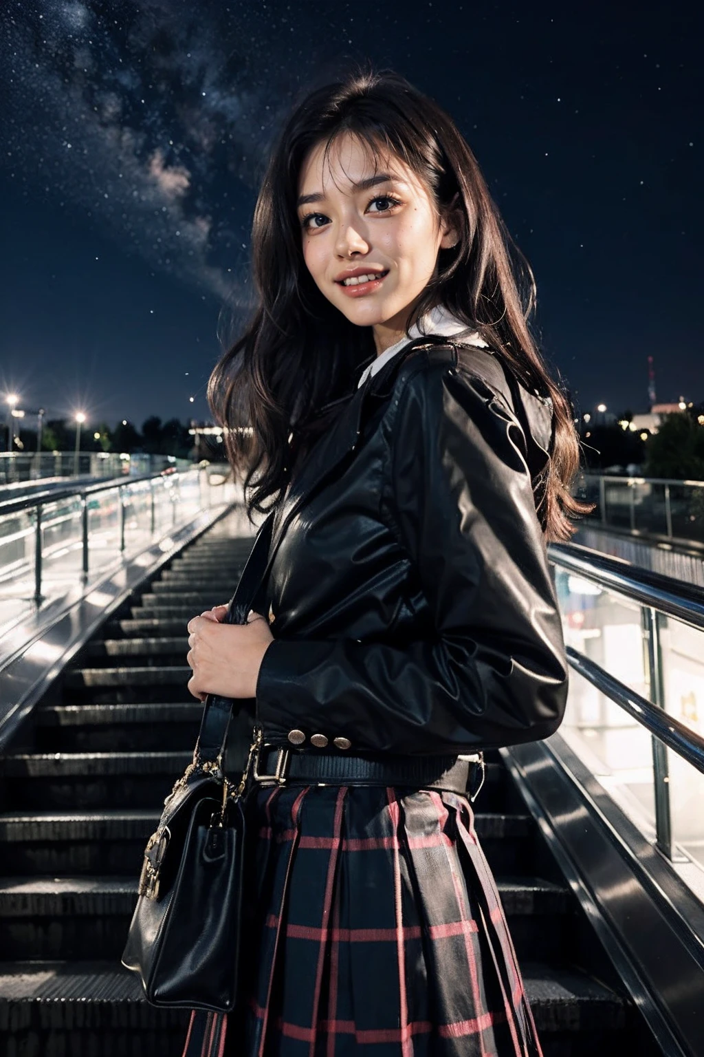 <lora:Escalatorview_v2:0.6>,1girl,(upper body:1.4),(happy,grin,teeth),building,chain-link_fence,city,cityscape,coat,fence,ferris_wheel,handbag,jacket,long_hair,long_sleeves,(night, starry sky,outdoors:1.3),plaid,plaid_skirt,pleated_skirt,school_bag,school_uniform,shoulder_bag,skirt,sky,skyscraper,smile,solo_focus,Escalatorview,