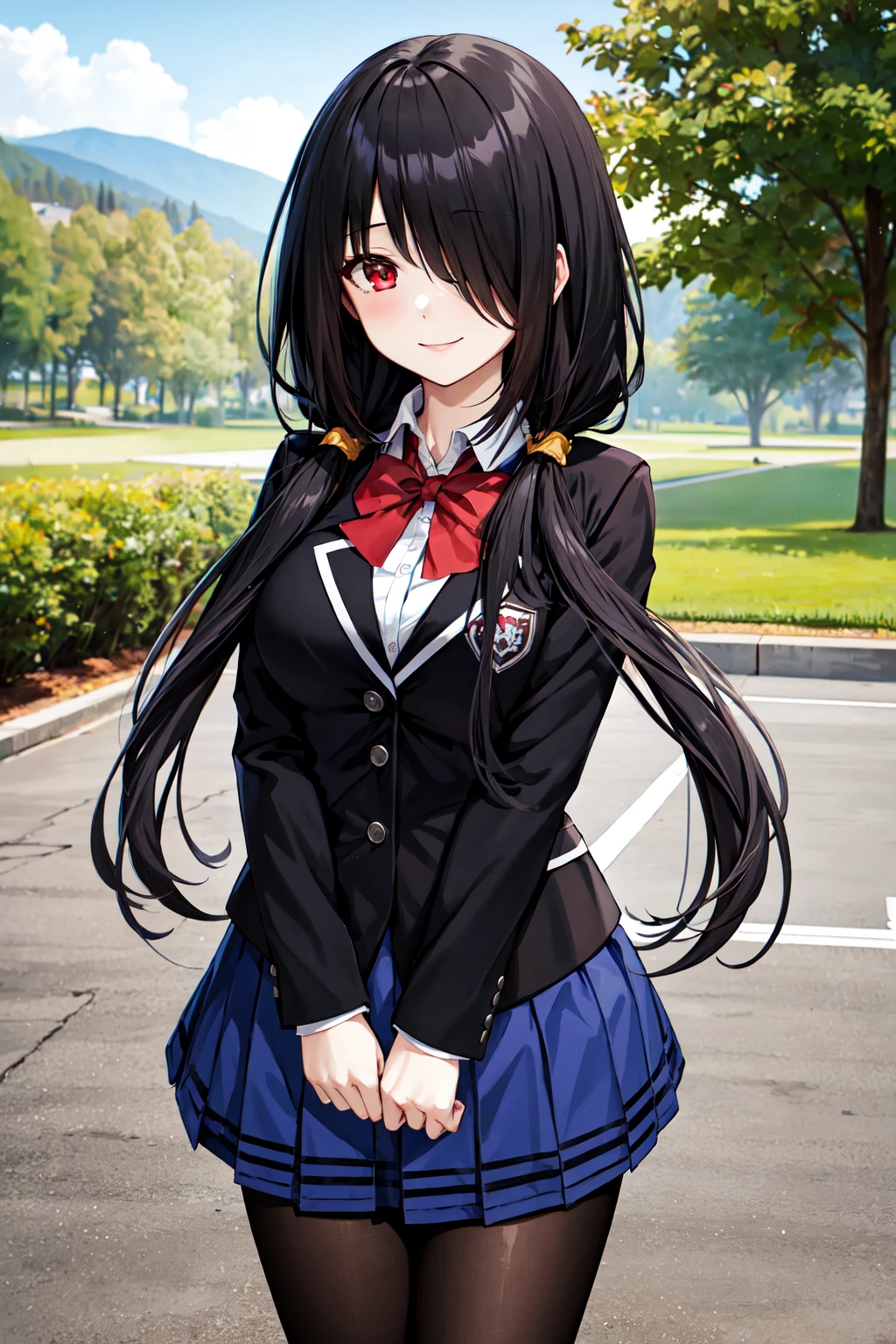 masterpiece, best quality, highres, 1girl, bbkurumi, long hair, hair over one eye, low twintails, school uniform, black jacket, pleated skirt, blue skirt, black pantyhose, <lora:tokisaki_kurumi_v1:0.8>, standing, outdoors, cowboy shot, smile,