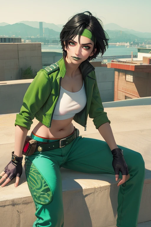 Jade, short black hair, green eyes, dark skin, solo, smirk sitting, looking at viewer,
JDAttire, headband,crop top,cropped jacket,fingerless gloves,pants,belt,
city, morning,
(insanely detailed, beautiful detailed face, masterpiece, best quality) <lora:JadeBGE:0.8>