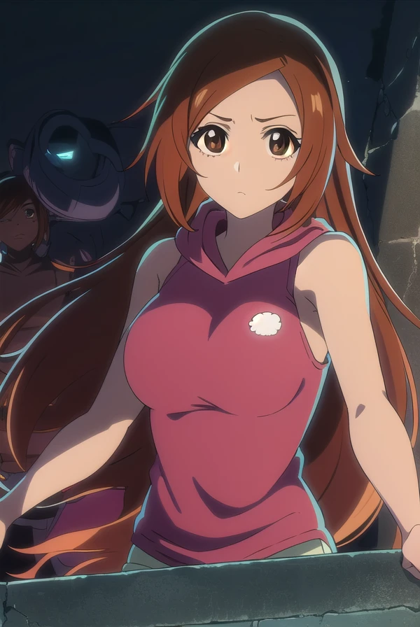 inoueorihime, <lora:inoueorihimeTBWtest:1>,
inoue orihime, long hair, orange hair, (brown eyes:1.5),
BREAK sthighhighs, shorts, sleeveless, hood, hoodie, pink hoodie,
BREAK looking at viewer,
BREAK outdoors,
BREAK <lora:GoodHands-vanilla:1>, (masterpiece:1.2), best quality, high resolution, unity 8k wallpaper, (illustration:0.8), (beautiful detailed eyes:1.6), extremely detailed face, perfect lighting, extremely detailed CG, (perfect hands, perfect anatomy),