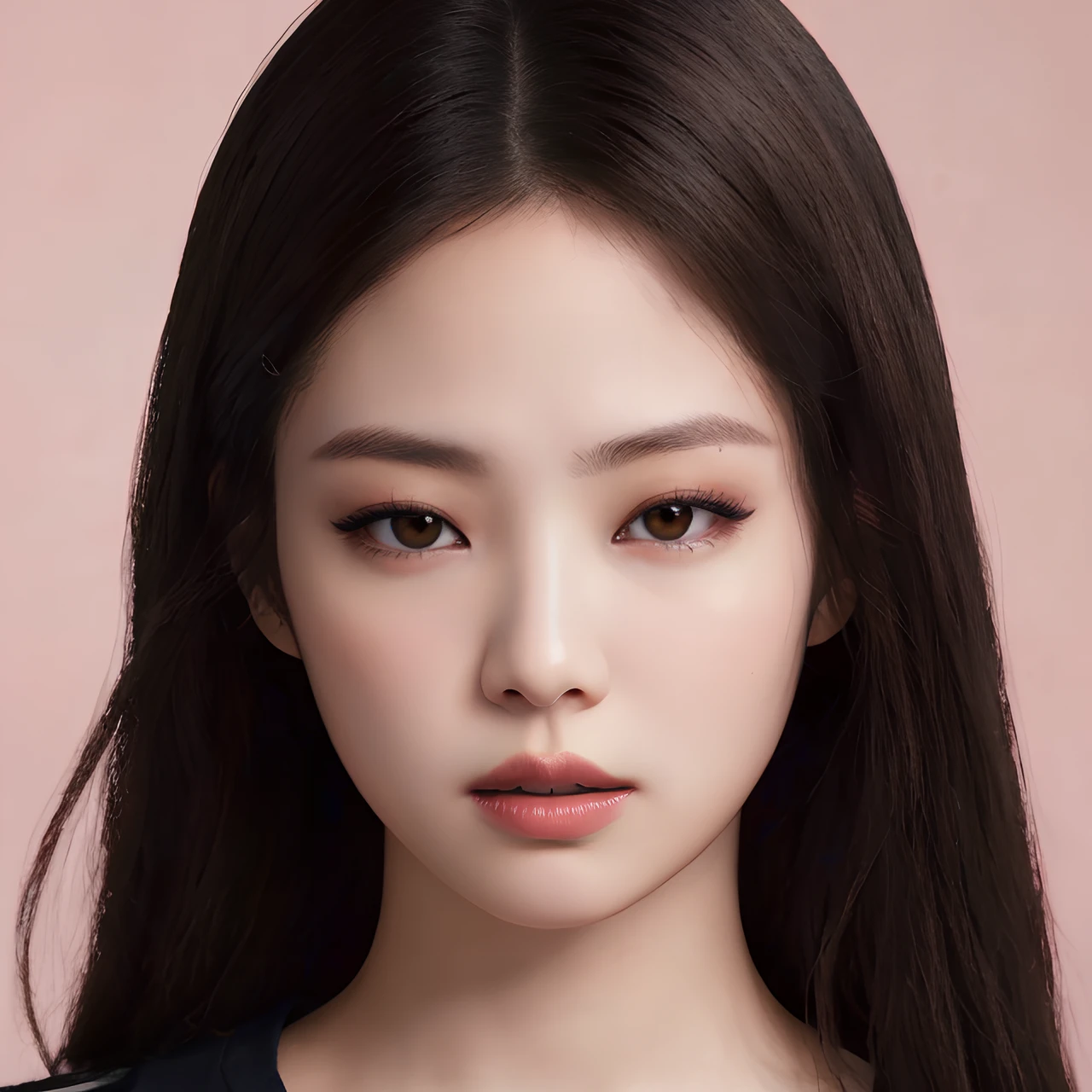 long hair, pink background, hyper realistic lifelike texture dramatic lighting unreal engine trending on art station, award winning photo, nikon RAW photo,8 k, Fujifilm XT3,masterpiece, best quality, realistic, photorealistic, ultra detailed, extremely detailed face, solo,1girl, standing, fashionable and trendy atmosphere, high-end makeup products, and a stylish expression on her face, close up, pink t-shirt, closed mouth, closed lips,