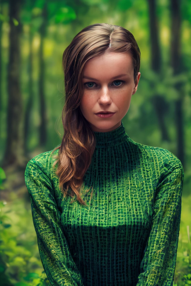 A stunning intricate full color portrait of a woman,wearing a green high neck blouse, happy, epic character composition,by ilya kuvshinov, alessio albi, nina masic,sharp focus, natural lighting, subsurface scattering, f2, 35mm, film grain , portait, closeup, very detailed skin texture ,mbe11ucci