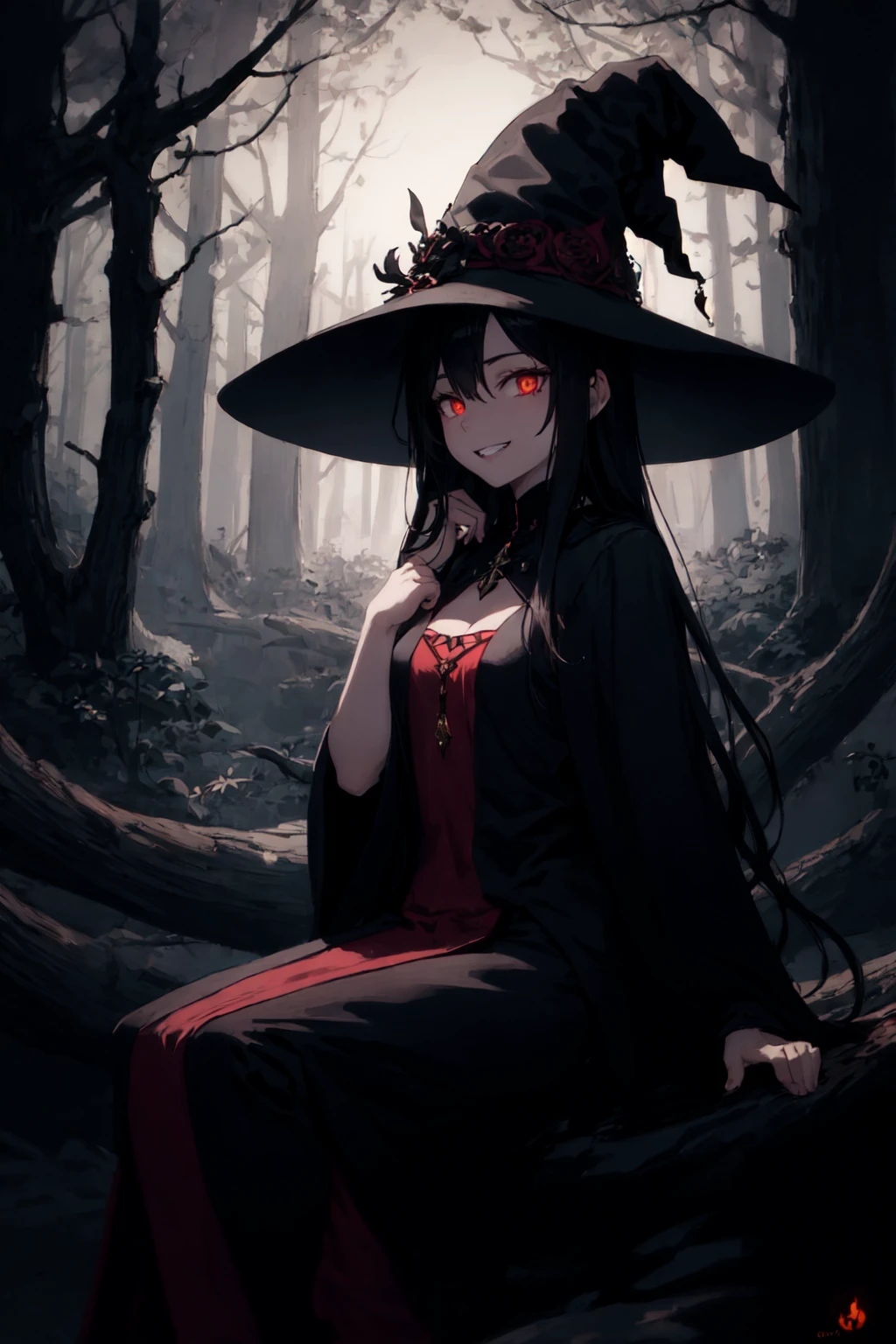 (masterpiece, best quality:1.2), (AS-Adult:1.1) girl, witch, detailed witch clothes, sitting on log,forest, close, red glowing eyes, detailed face, grin, parted lips, <lora:Gloomifier_slider_LECO_500w:2>,