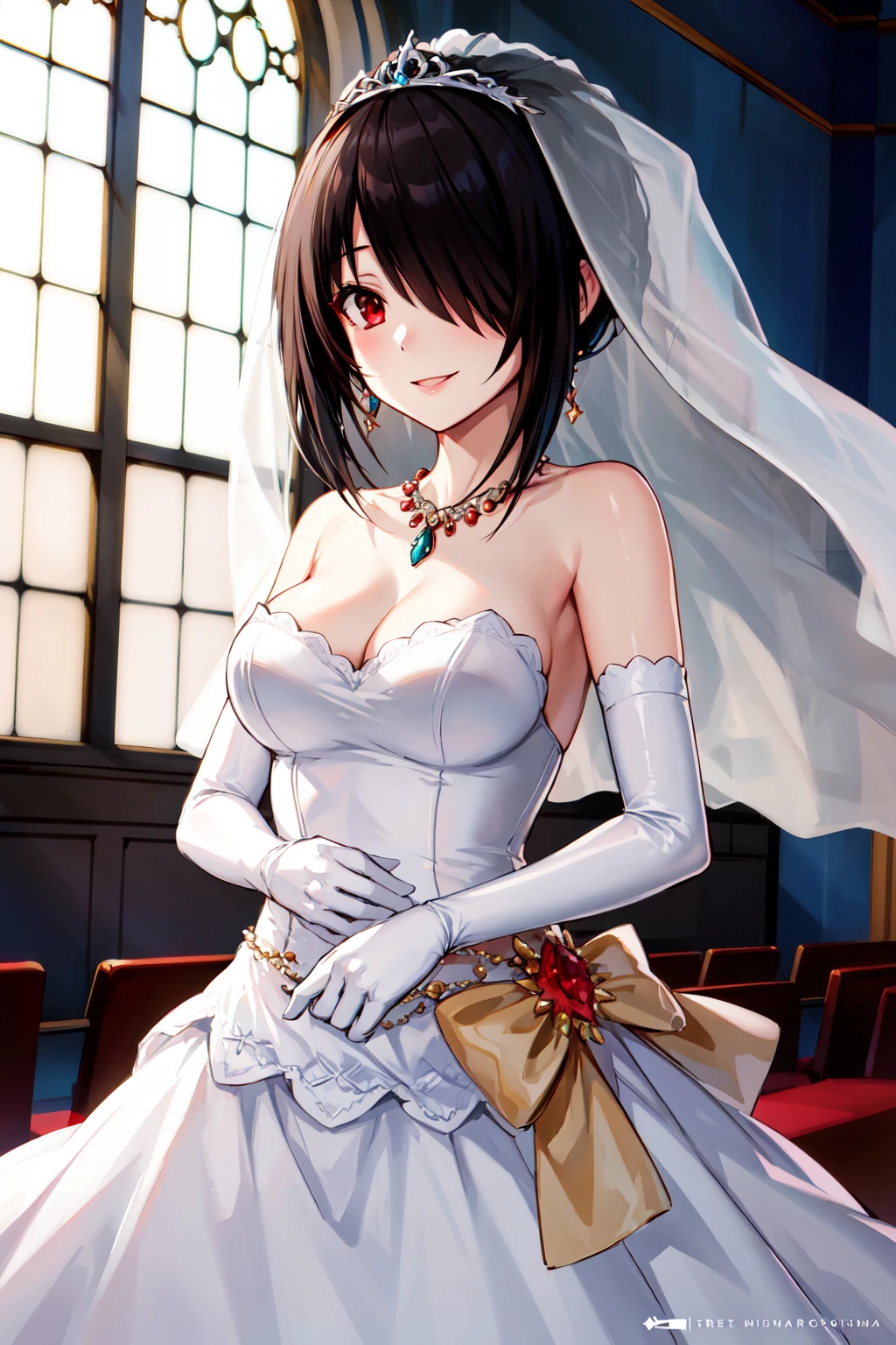 masterpiece, best quality, highres, 1girl, ddkurumi, bridal veil, tiara, earrings, hair over one eye, jewelry, necklace, cleavage, bare shoulders, wedding dress, white dress, white gloves, elbow gloves, <lora:tokisaki_kurumi_v1:0.8>, cowboy shot, church, smile, looking at viewer,