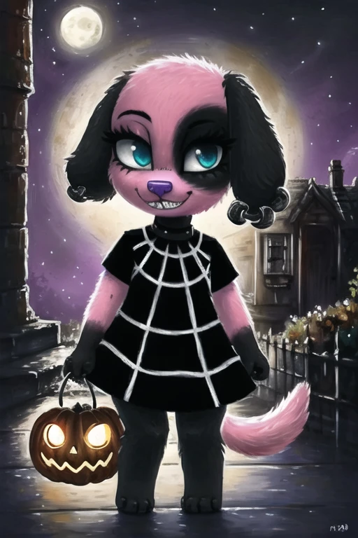 1girl, solo, dark, night, urban, bats, haunted house, female focus, halloween, jack-o'-lanterns, cute, dead tree, purple sky, moon, streets, bad-image-v2-39000, 4k, 8k, detailed, photorealistic, hyperrealistic, intricate, work of art, illustration, digital art, masterpiece, best quality, <lora:trg_cherry_v1:1>, Spider-Web Tee, red fur, black ears, puppy, <lora:Colorwater_v4:0.4>, furry, anthro, looking at viewer, no hair, bald, grin, sharp teeth, jagged teeth, blue eyes, scolding, goth, punk, black fur, ear piercings, eyelashes, purple nose, one black eye, chibi, dress, short sleeves, choker