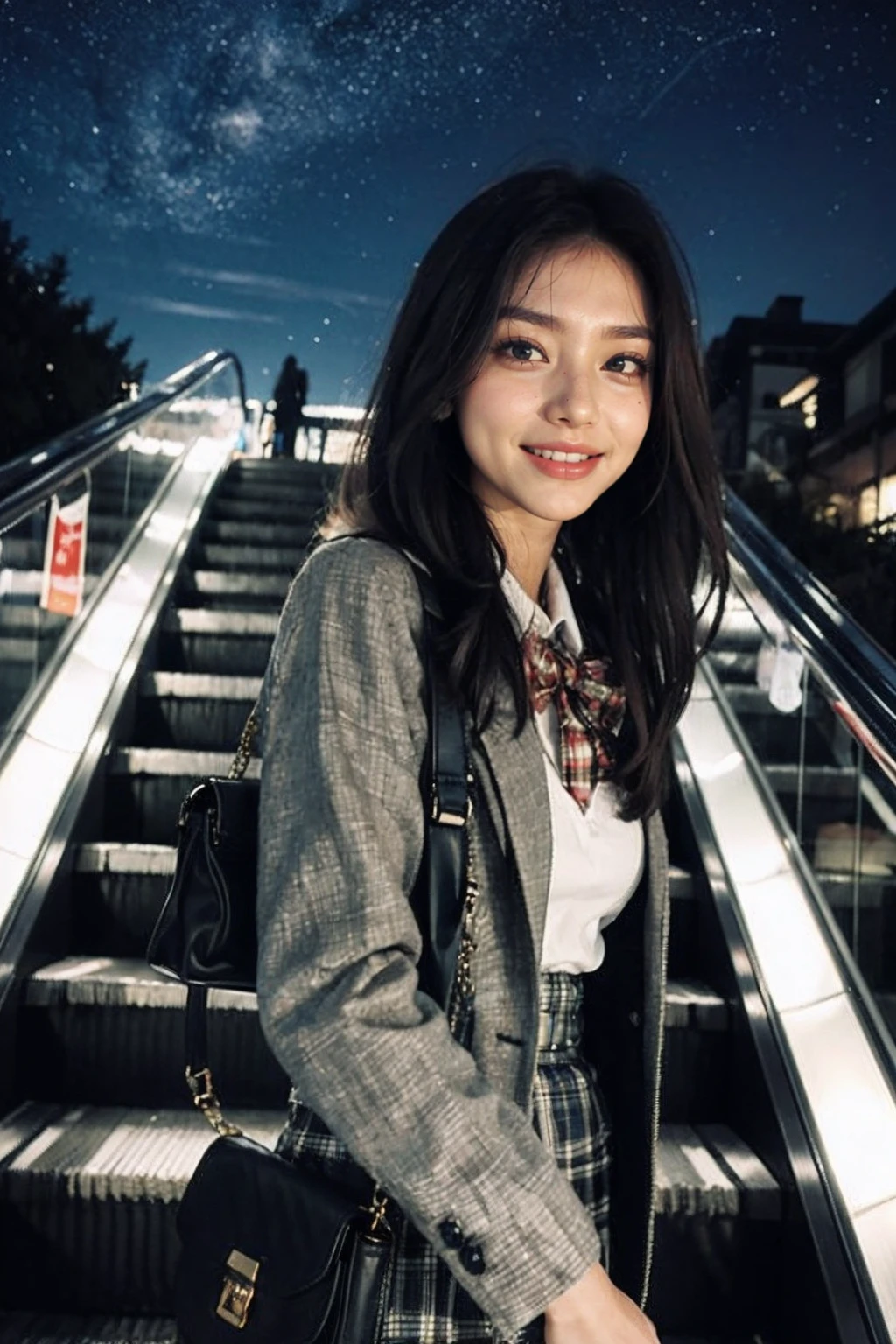 <lora:Escalatorview_v2:0.5>,1girl,(upper body:1.4),(happy,smile),building,chain-link_fence,city,cityscape,coat,fence,ferris_wheel,handbag,jacket,long_hair,long_sleeves,looking_at_viewer,(night, starry sky,outdoors:1.3),plaid,plaid_skirt,pleated_skirt,school_bag,school_uniform,shoulder_bag,skirt,sky,skyscraper,smile,solo_focus,Escalatorview, <lora:bf_style:0.5>,(bf_style:1.2)