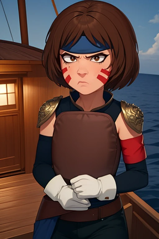 Smellerbee, petite,, short brown hair, red facial mark, brown eyes , eyeliner, serious, close up, face focus,
SmelAtt, dark blue headband, (white gloves), leather chest plate, single shoulder pad, red armband , pants, boots, blue pelvic sash nighttime,
large wooden boat, sea,
(insanely detailed, beautiful detailed face, masterpiece, best quality) <lora:Smellerbee-10 v3:0.8>