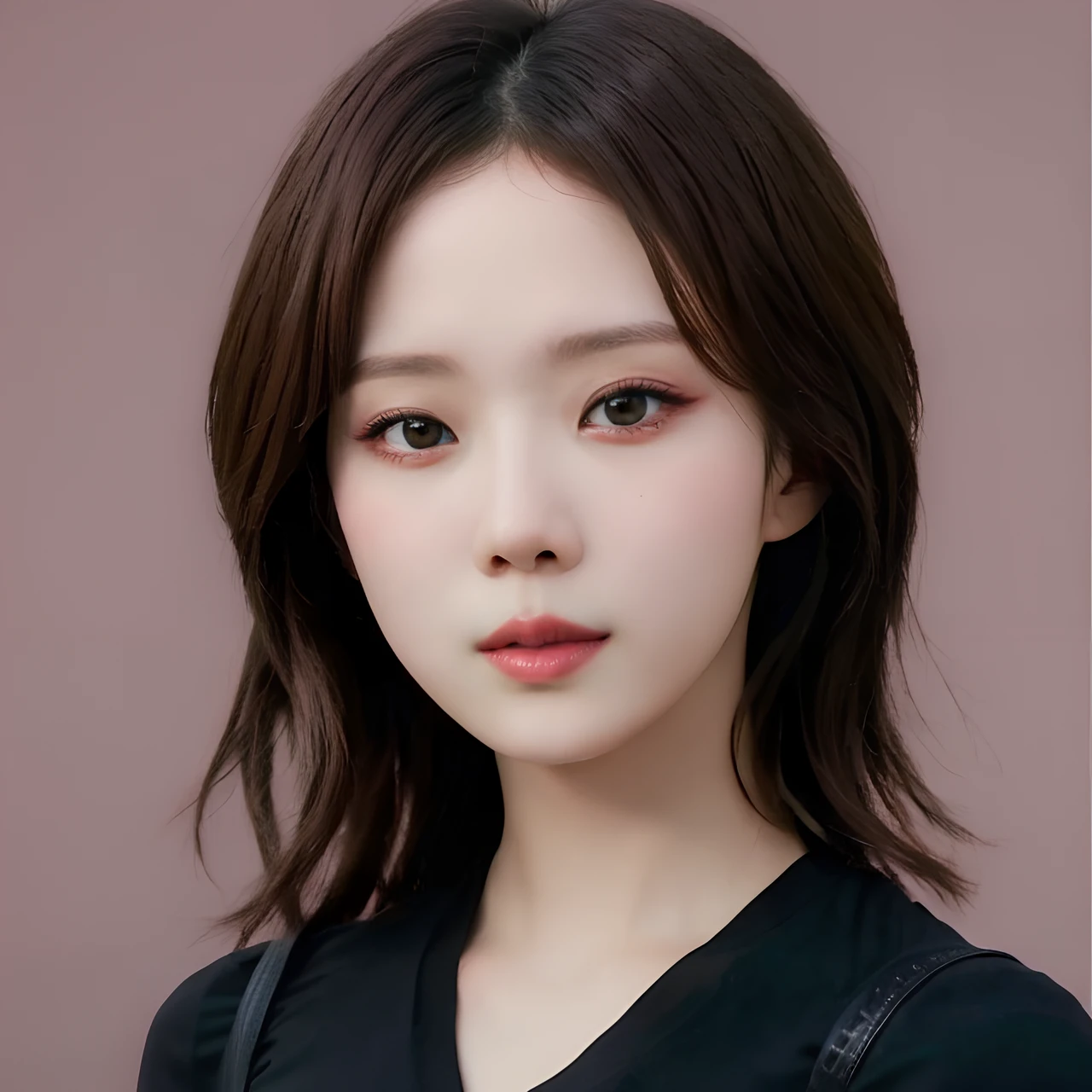 pink background, hyper realistic lifelike texture dramatic lighting unreal engine trending on art station, award winning photo, nikon RAW photo,8 k, Fujifilm XT3,masterpiece, best quality, realistic, photorealistic, ultra detailed, extremely detailed face, solo,1girl, standing, fashionable and trendy atmosphere, high-end makeup products, and a stylish expression on her face, close up, t-shirt, closed mouth, closed lips,