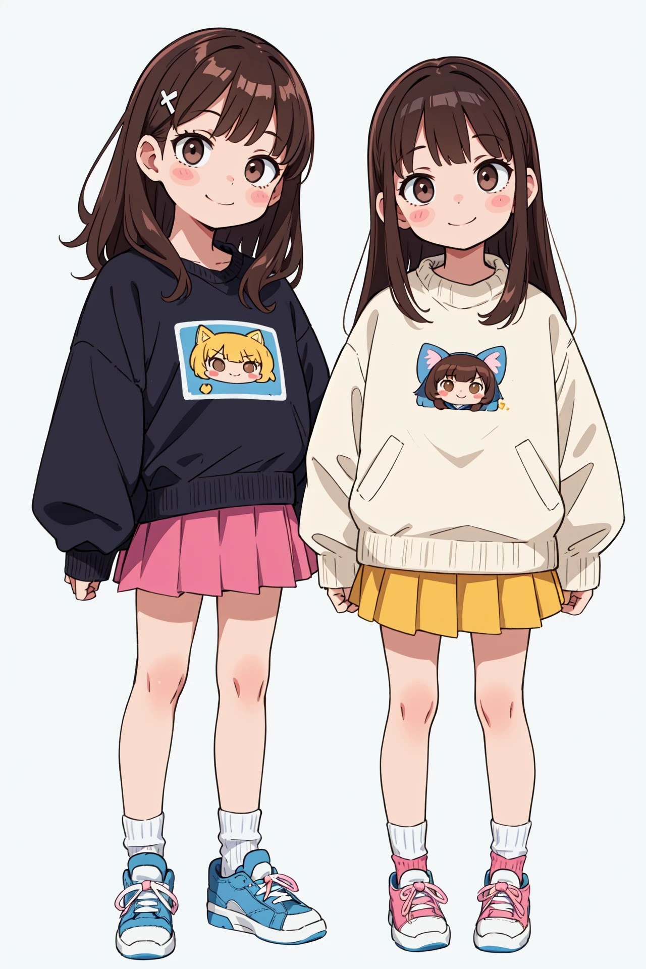 best quality,masterpiece,2girls, brown hair, sweater, socks, shoes, skirt, blue sweater, sleeves past wrists, white background, long sleeves, short hair, long hair, hair ornament, simple background, blush stickers, sneakers, yellow footwear, pink skirt, full body, black eyes, smile, standing, bangs, animal print, blush, looking at viewer, closed mouth, blue footwear, girl,