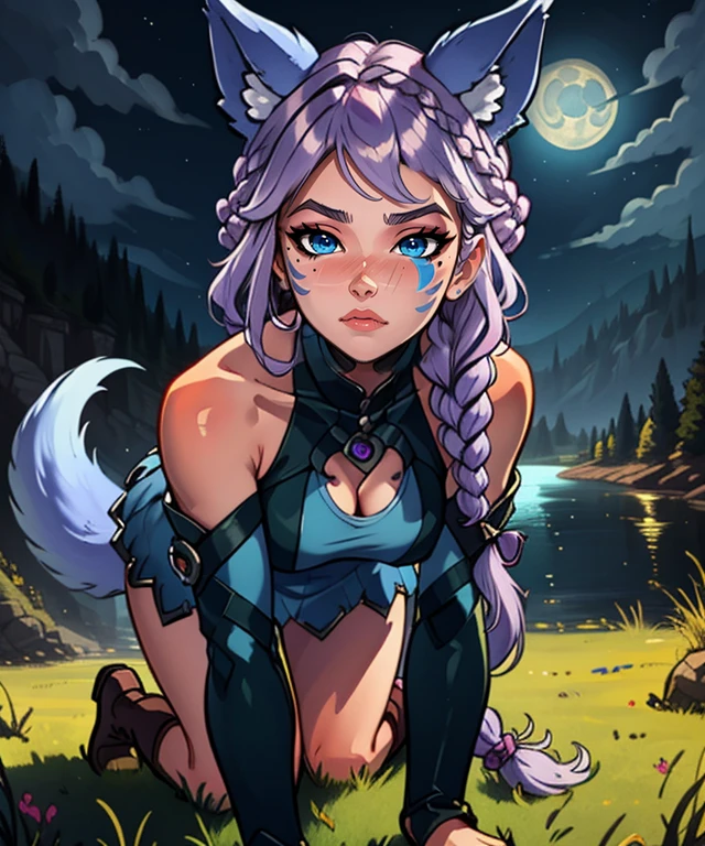 Io,blue eyes,braid, wolf ears, wolf tail,very long light purple hair,facial mark,twin braids, on all fours, blushing,
 IoDre,blue dress ,detached sleeves, bare shoulders, clothing cutout , blue boots, night time, moonlight, grass, lake, 
(insanely detailed, beautiful detailed face, masterpiece, best quality) <lora:Io-10v3:0.8>