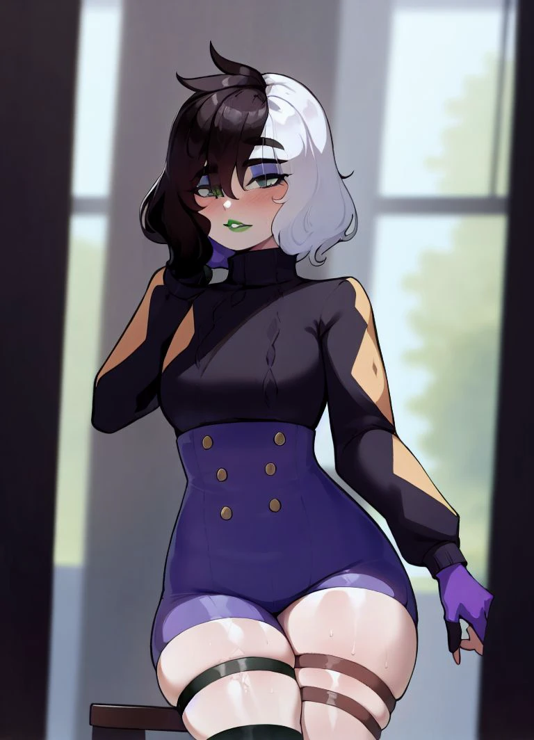 masterpiece, highres,1girl, <lora:yorra_villeneuve-09:1> yorra_villeneuve, (green eyes, green lips), (thigh strap, single thighhigh,purple high waist shorts, black sweater , long sleeves, single glove:1.2)
,<lora:thiccwithaQ_test_v5-55:1> (thiccwithaq:0)