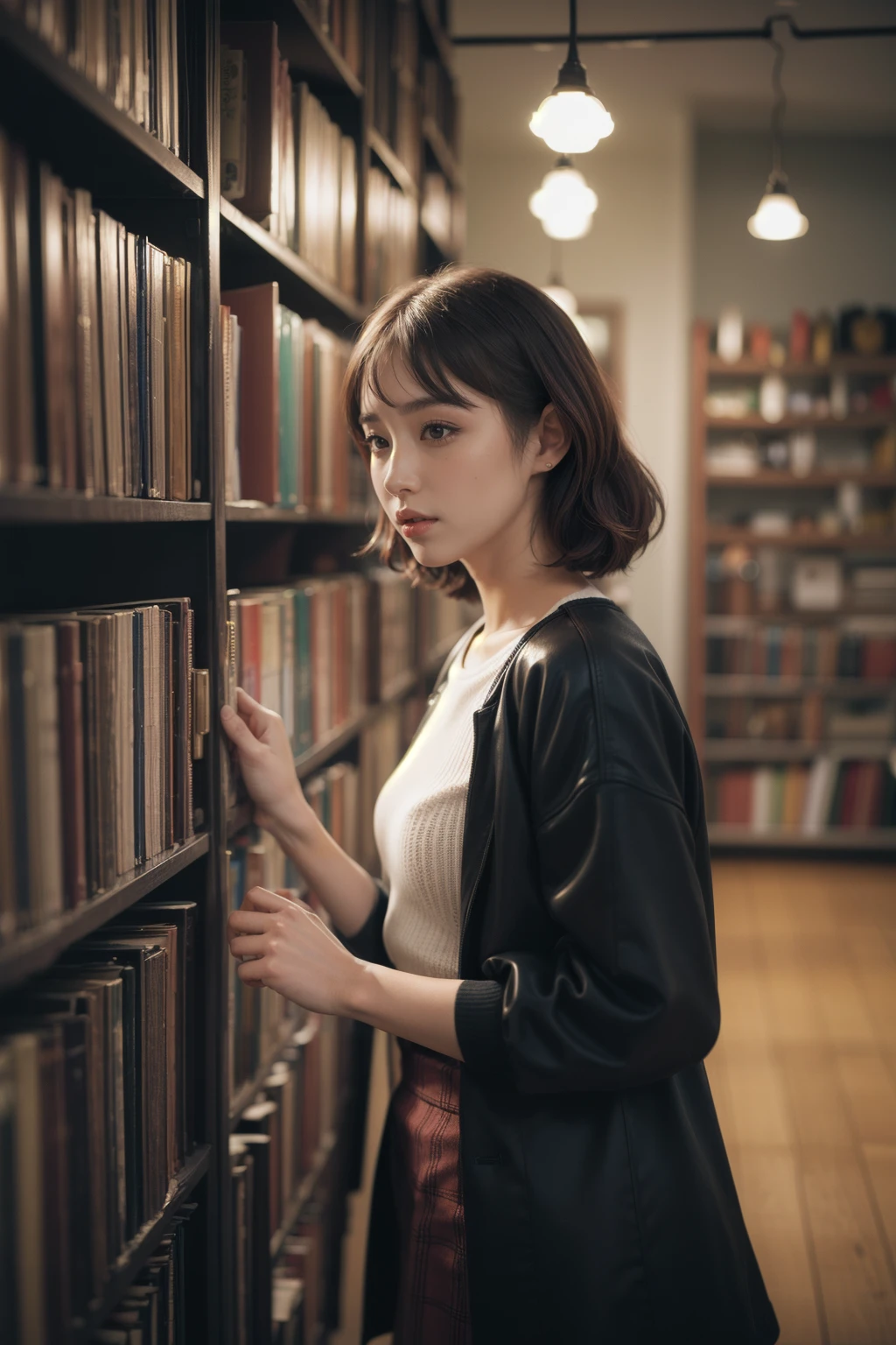 1girl, masterpiece,best quality,photorealistic,lifelike rendering,depth of field:1.2, bokeh, film grain:1.4, lib_bg,Thoughtful Pose,Balenciaga oversized puffer jacket <lora:libbg_v16:1>,