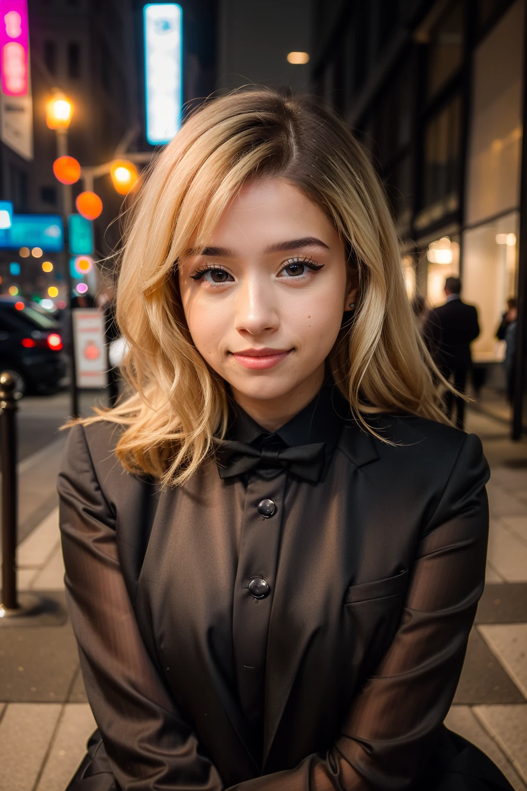 <lora:more_details:0.3>, solo, very detailed, detailed face, pokidiffusion, picture of a beautiful girl with (blond hair) wearing black tuxedo, soft smile, outside in a common place