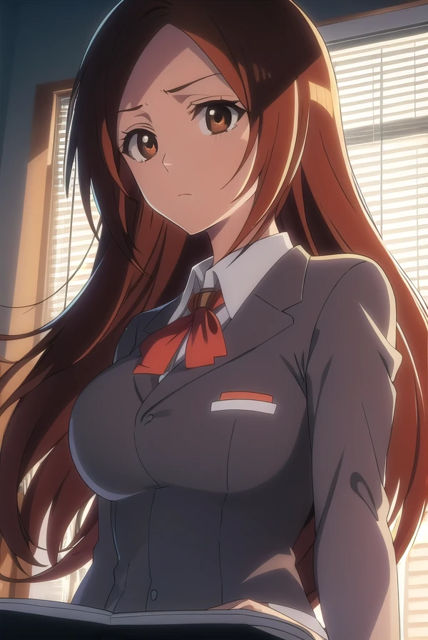 inoueorihime, <lora:inoueorihimeTBWtest:1>,
inoue orihime, long hair, orange hair, (brown eyes:1.5),
BREAK school uniform, blazer,
BREAK looking at viewer,
BREAK indoors, classroom,
BREAK <lora:GoodHands-vanilla:1>, (masterpiece:1.2), best quality, high resolution, unity 8k wallpaper, (illustration:0.8), (beautiful detailed eyes:1.6), extremely detailed face, perfect lighting, extremely detailed CG, (perfect hands, perfect anatomy),