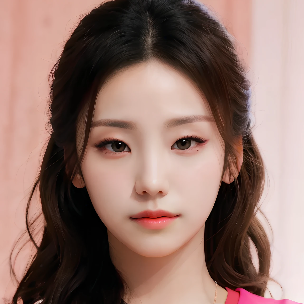 long hair, pink background, hyper realistic lifelike texture dramatic lighting unreal engine trending on art station, award winning photo, nikon RAW photo,8 k, Fujifilm XT3,masterpiece, best quality, realistic, photorealistic, ultra detailed, extremely detailed face, solo,1girl, standing, fashionable and trendy atmosphere, high-end makeup products, and a stylish expression on her face, close up, pink t-shirt, closed mouth, closed lips,