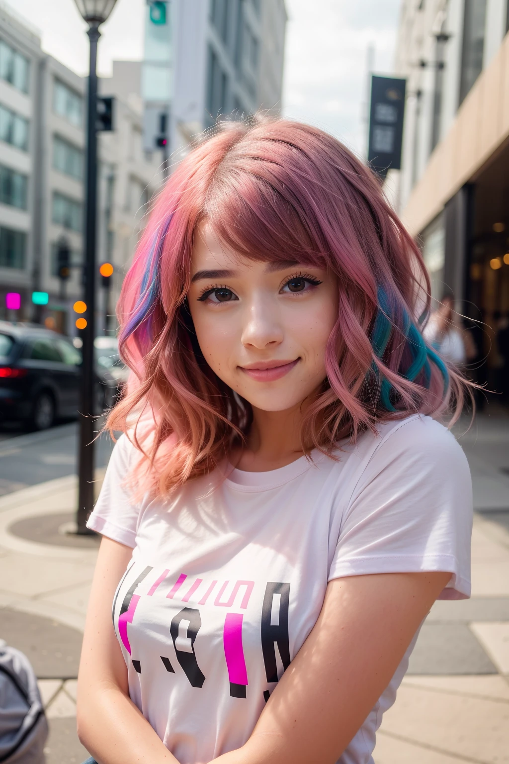 <lora:more_details:0.3>, solo, very detailed, detailed face, pokidiffusion, picture of a beautiful girl with pink hair wearing colorfull t-shirt, soft smile, outside in a common place, upper body