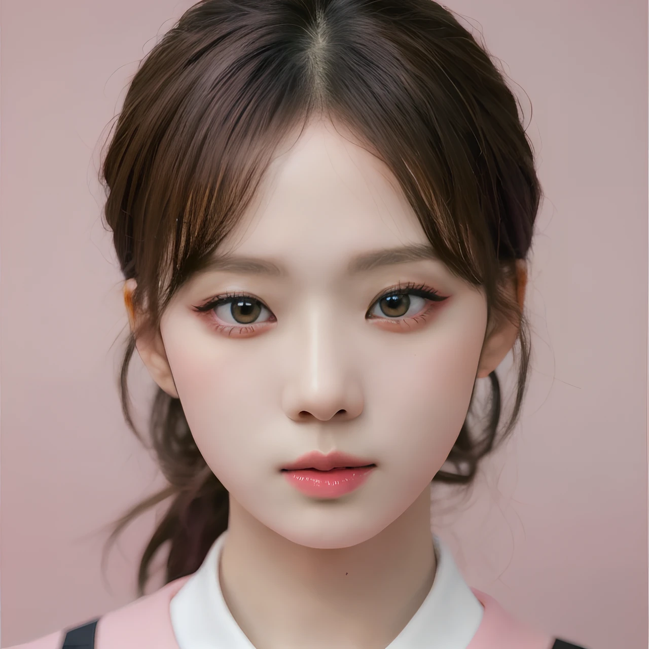 pink background, hyper realistic lifelike texture dramatic lighting unreal engine trending on art station, award winning photo, nikon RAW photo,8 k, Fujifilm XT3,masterpiece, best quality, realistic, photorealistic, ultra detailed, extremely detailed face, solo,1girl, standing, fashionable and trendy atmosphere, high-end makeup products, and a stylish expression on her face, close up, pink t-shirt, closed mouth, closed lips,