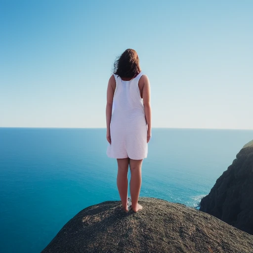 Woman standing on a cliff edge overlooking the ocean, realistic portrait