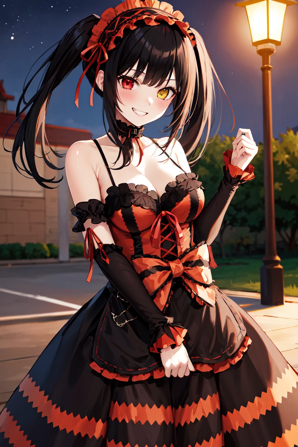 masterpiece, best quality, highres, 1girl, aakurumi, long hair, twintails, hairband, heterochromia, medium breasts, cleavage, black choker, red ribbon, bare shoulders, gothic, red dress, red bow, detached sleeves, red skirt, <lora:tokisaki_kurumi_v1:0.8>, outdoors, night, cowboy shot, standing, grin,