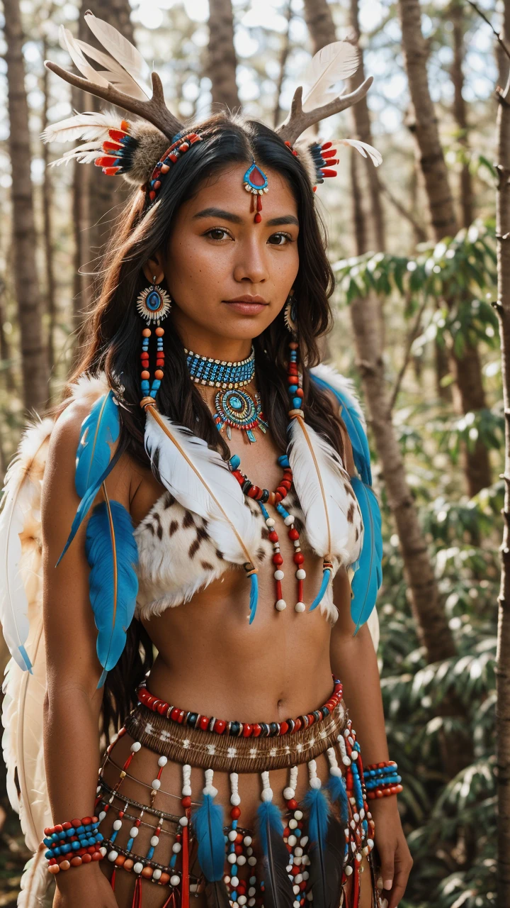 Beautiful Cherokee Indian woman with beautiful terracotta colored headdresses, blackw, doradas, cobre, Pearl, white and beige, feathers made of bright neon of various colors, flares on camera, bokeh, full moon night
