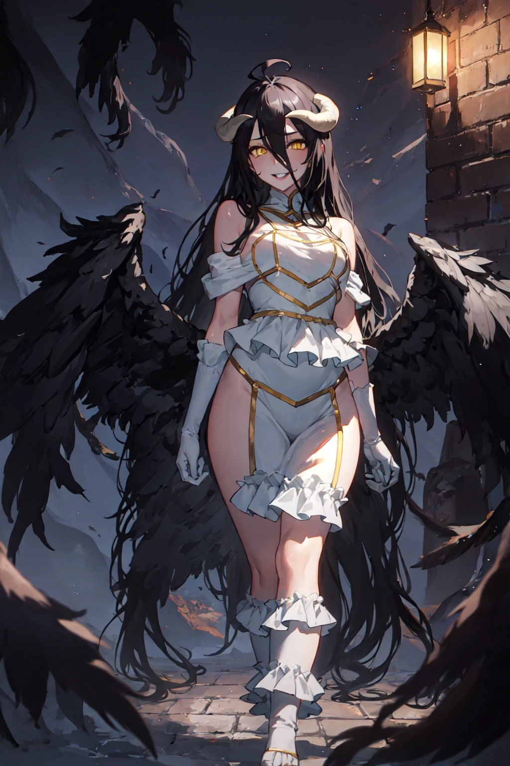 (masterpiece, best quality:1.2), <lora:Albedo_7_20-000018:1> albedow walking towards, white dress, hip vent, white gloves,black hair, hair between eyes, glowing yellow eyes, white horns, menacing, parted lips, grin, black wings, (low wings:1.1), dark alley, brick walls, <lora:Gloomifier_slider_LECO_500w:2>,