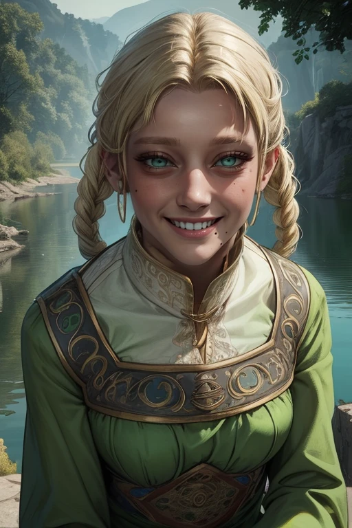 Rya, blonde hair, hair rings ,twin braids,green eyes,mole under mouth , smile, solo,
Zorayas, green dress, long sleeves,
(insanely detailed, beautiful detailed face,beautiful detailed eyes, masterpiece, best quality)
lake,
<lora:RyaZorayas:0.7>
