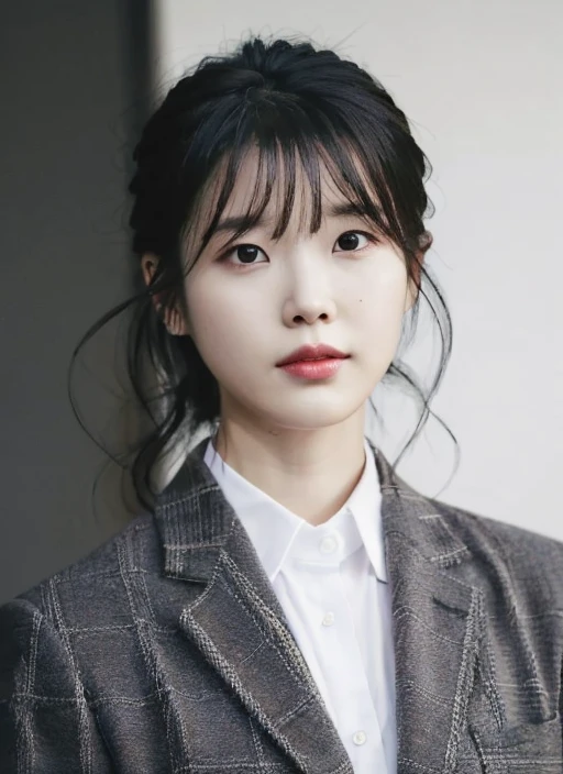 best quality, RAW photo, IU, Lee Ji Eun, 1girl, solo, looking at viewer, bangs, shirt, black hair, jacket, upper body, collared shirt,  black eyes, lips,   <lora:iu_v5:0.7>