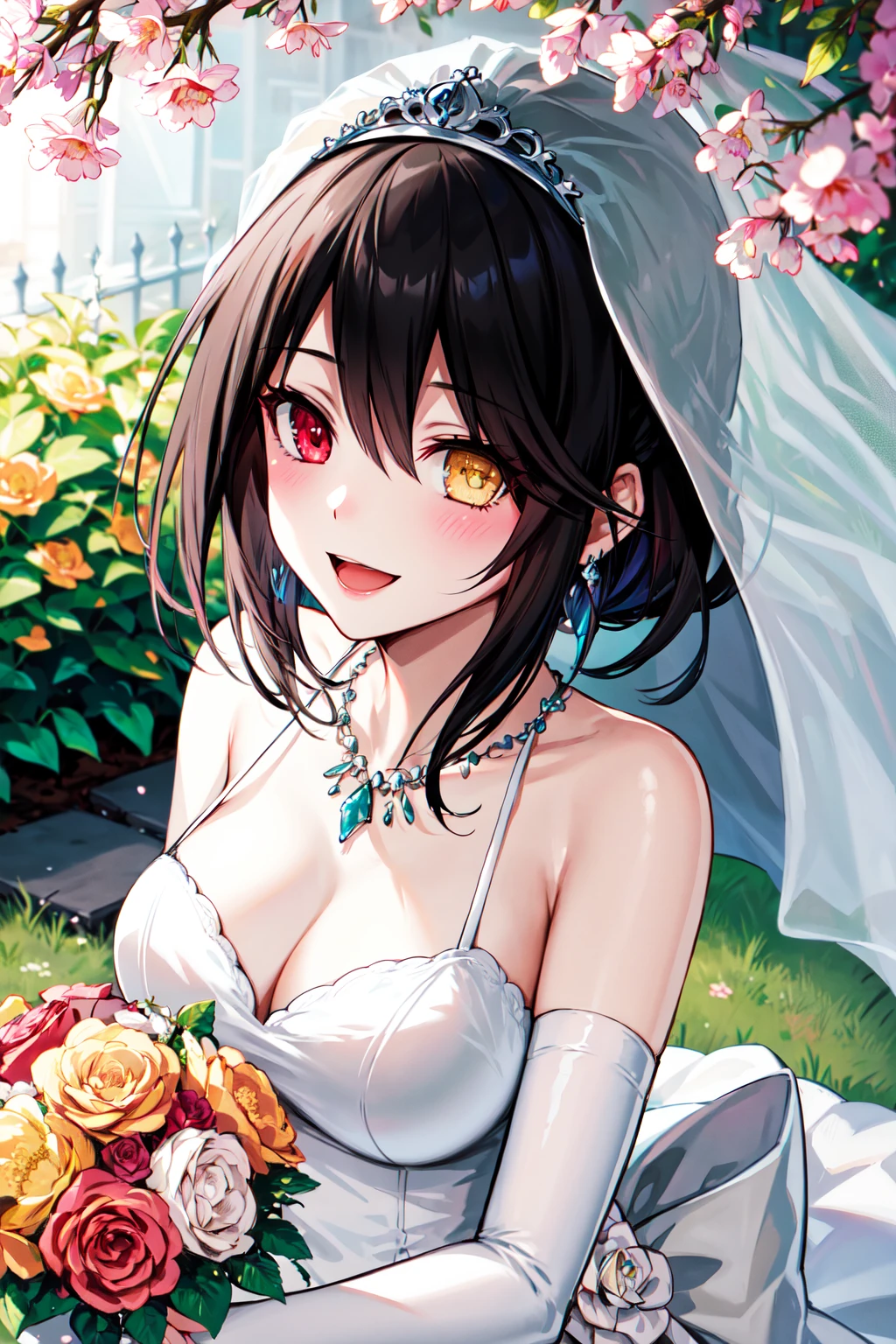 masterpiece, best quality, highres, 1girl, ddkurumi, bridal veil, tiara, earrings, heterochromia, jewelry, necklace, cleavage, bare shoulders, wedding dress, white dress, white gloves, elbow gloves, <lora:tokisaki_kurumi_v1:0.8>, garden, outdoors, holding bouquet, smile, open mouth, looking at viewer,