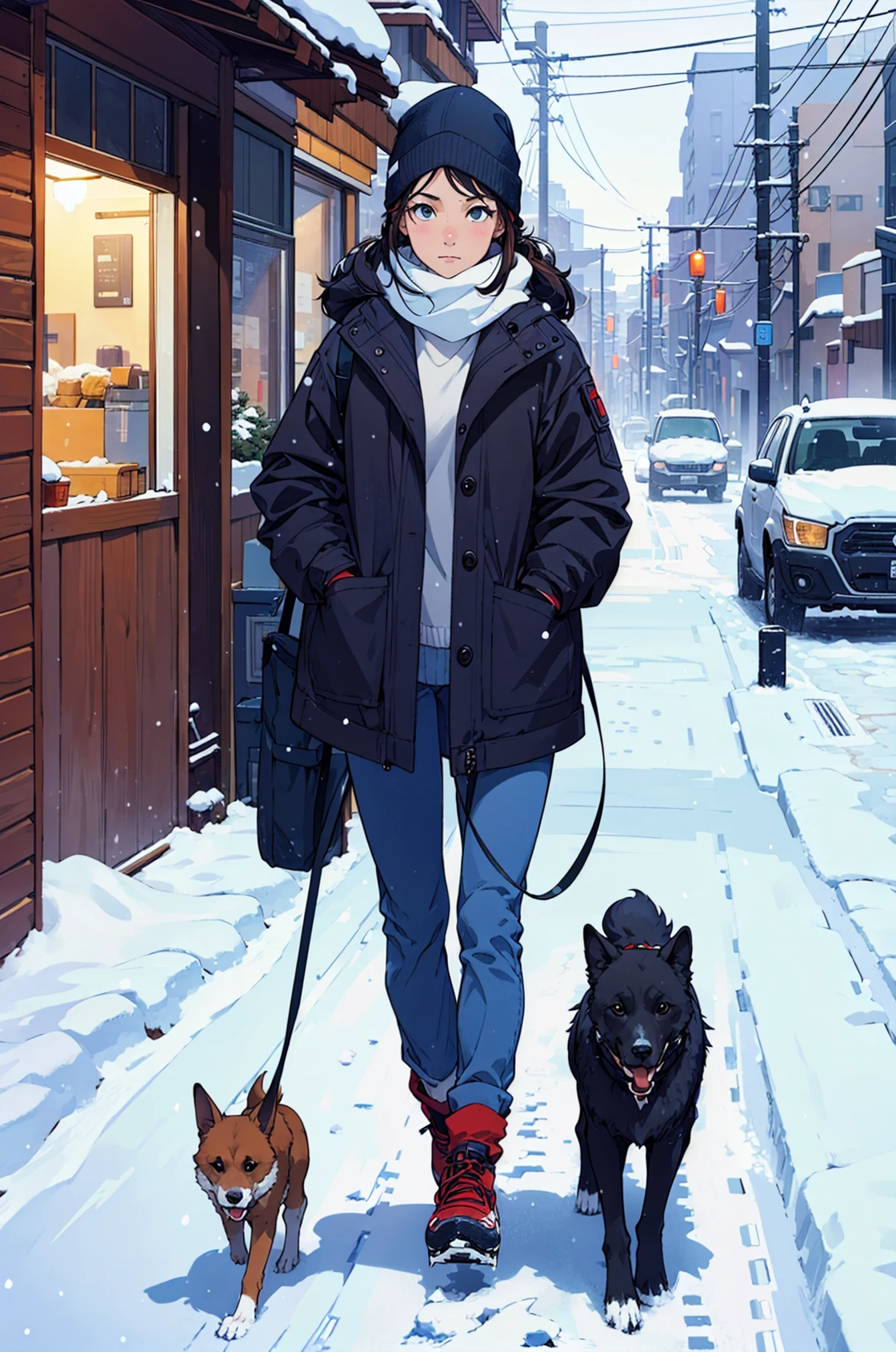 (best quality:1.1),original,1 girl,walking dog,winter,snow,sidewalk,