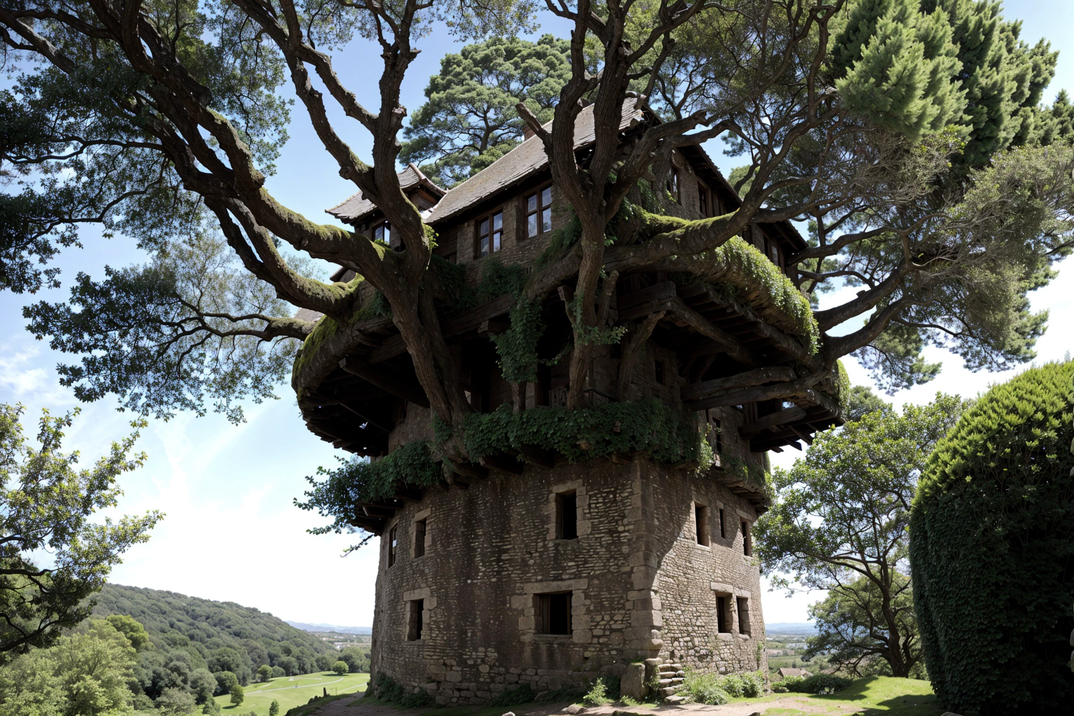 A photo of a medieval manor on top a large ancient tree, on a cliff