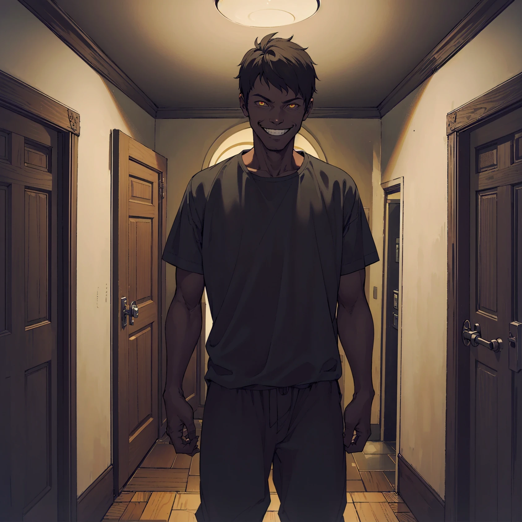 (best quality:1.1),original,1boy,(smile:1.5),facing the viewer,(darkness:1.3),(horror:1.3),(ominous:1.3),(unsettling:1.3),(unnerving:1.3),hallway,corridoor