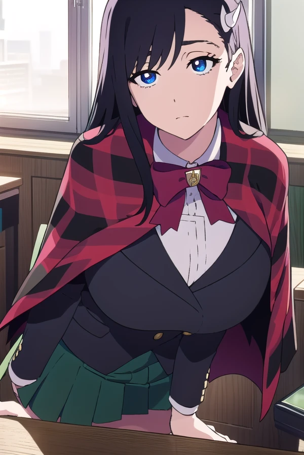 noelniihashi, <lora:noelniihashianimetest:1>,
noel niihashi long hair, blue eyes, black hair, hair ornament, hairclip, (large breast:1.2),
BREAK skirt, shirt, long sleeves, bow, school uniform, jacket, white shirt, pleated skirt, collared shirt, bowtie, red bow, plaid, capelet, blazer, green skirt, green jacket,
BREAK looking at viewer,
BREAK indoors, classroom,
BREAK <lora:GoodHands-vanilla:1>, (masterpiece:1.2), best quality, high resolution, unity 8k wallpaper, (illustration:0.8), (beautiful detailed eyes:1.6), extremely detailed face, perfect lighting, extremely detailed CG, (perfect hands, perfect anatomy),