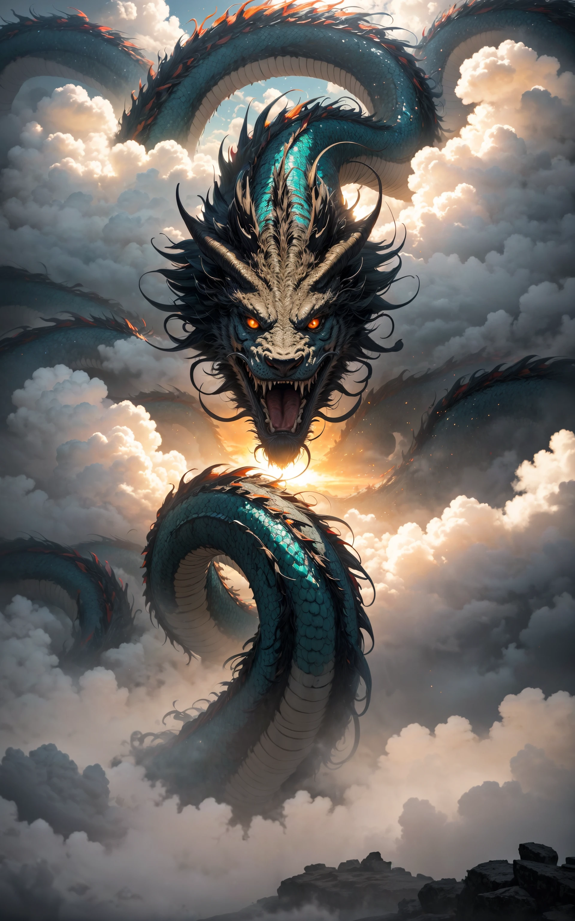 masterpiece, best quality, glamour shot (from above:0.6) of chinese dragon (surrounded by swirling glowing magic), heavenly, clouds, sunrise, blue flames, glowing eyes, ghostly, mountain top, kung-fu, magical, photorealistic, vivid colors, majestic, highly detailed, dynamic pose, style-swirlmagic, <lora:ChineseDragon_v02:0.5> <lora:add_detail:0.5>, <lora:epiNoiseoffset_v2-pynoise:1.5>, <lora:LowRA:0.3>