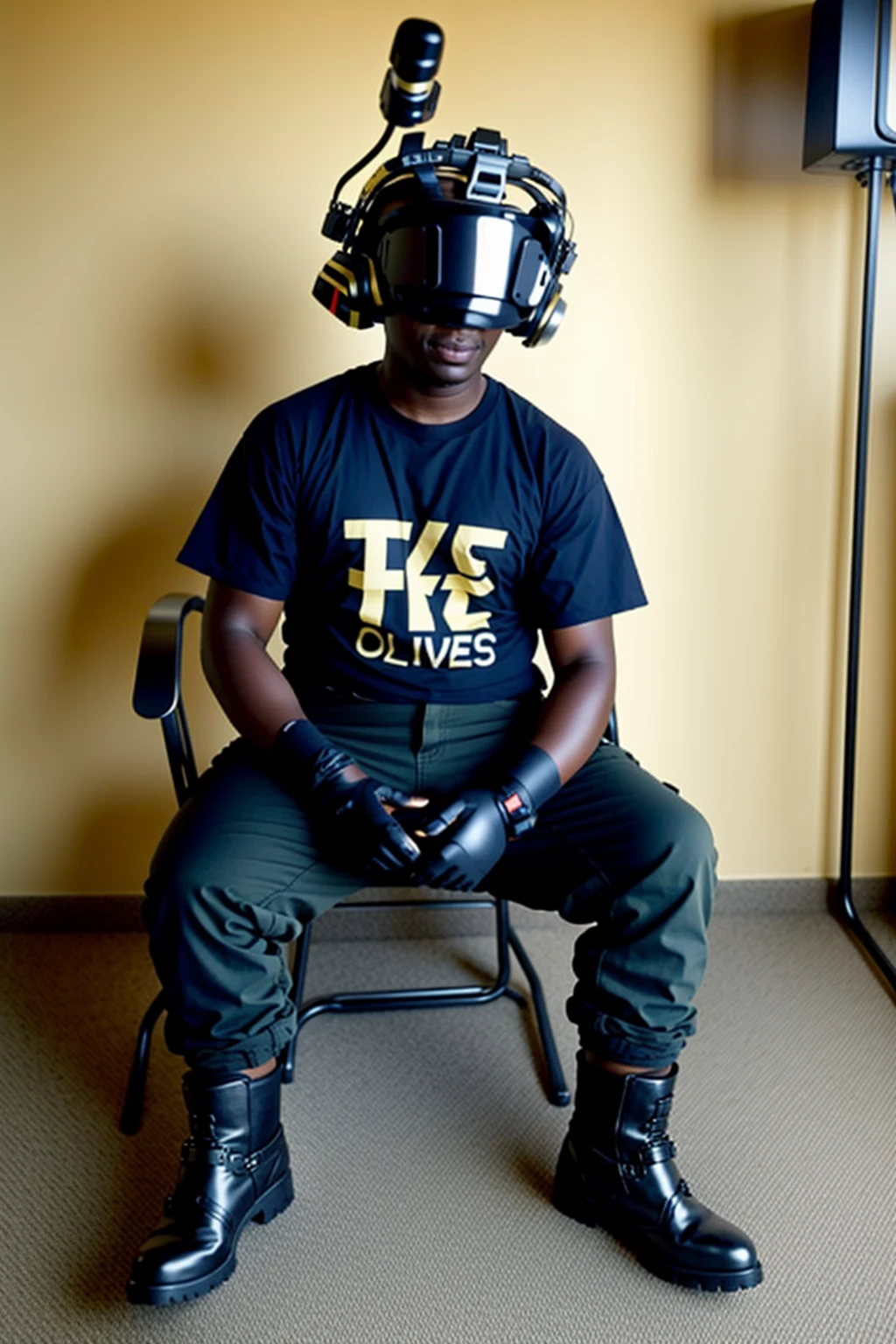 a man sitting in a chair with a helmet on , solo, shirt, gloves, 1boy, sitting, short sleeves, male focus, boots, black gloves, pants, indoors, dark skin, black shirt, brown footwear, dark-skinned male, t-shirt, headset, cable, brown pants, locker
