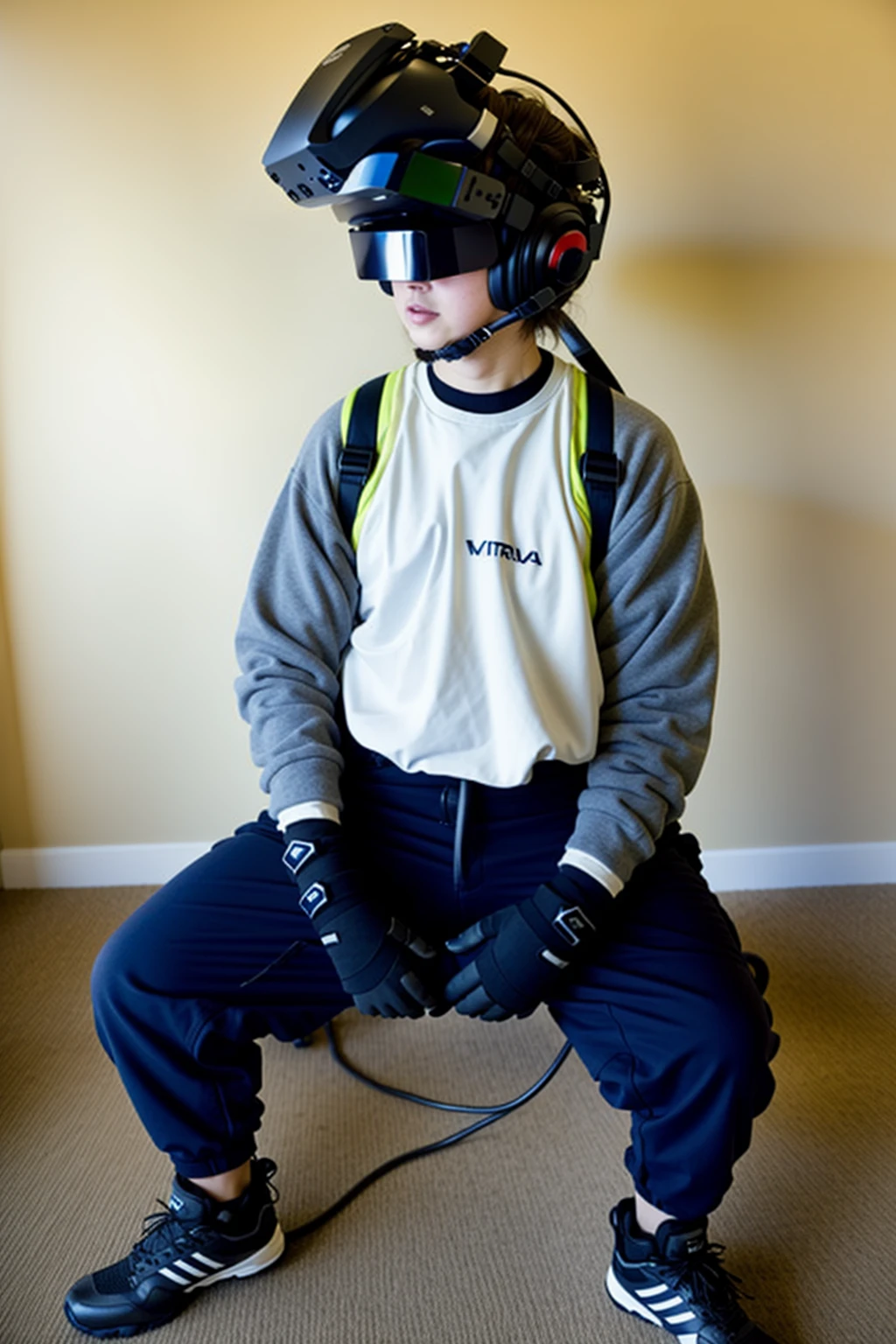 a man wearing a helmet and holding a device , solo, shirt, gloves, 1boy, sitting, male focus, black gloves, pants, fingerless gloves, headphones, squatting, cable