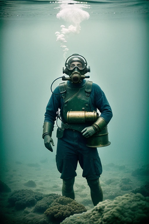 barnum-atelier underwater, deep diver man James Powell Steyr submerged under water in murky sea in vintage diving protective suit, wearing bulky spherical antique bronze diving helmet, breathing apparatus, goggles, steam-powered vintage clockwork|tvcamera:1.1) , mechanism visible, 1890,, translucent smoke, mist