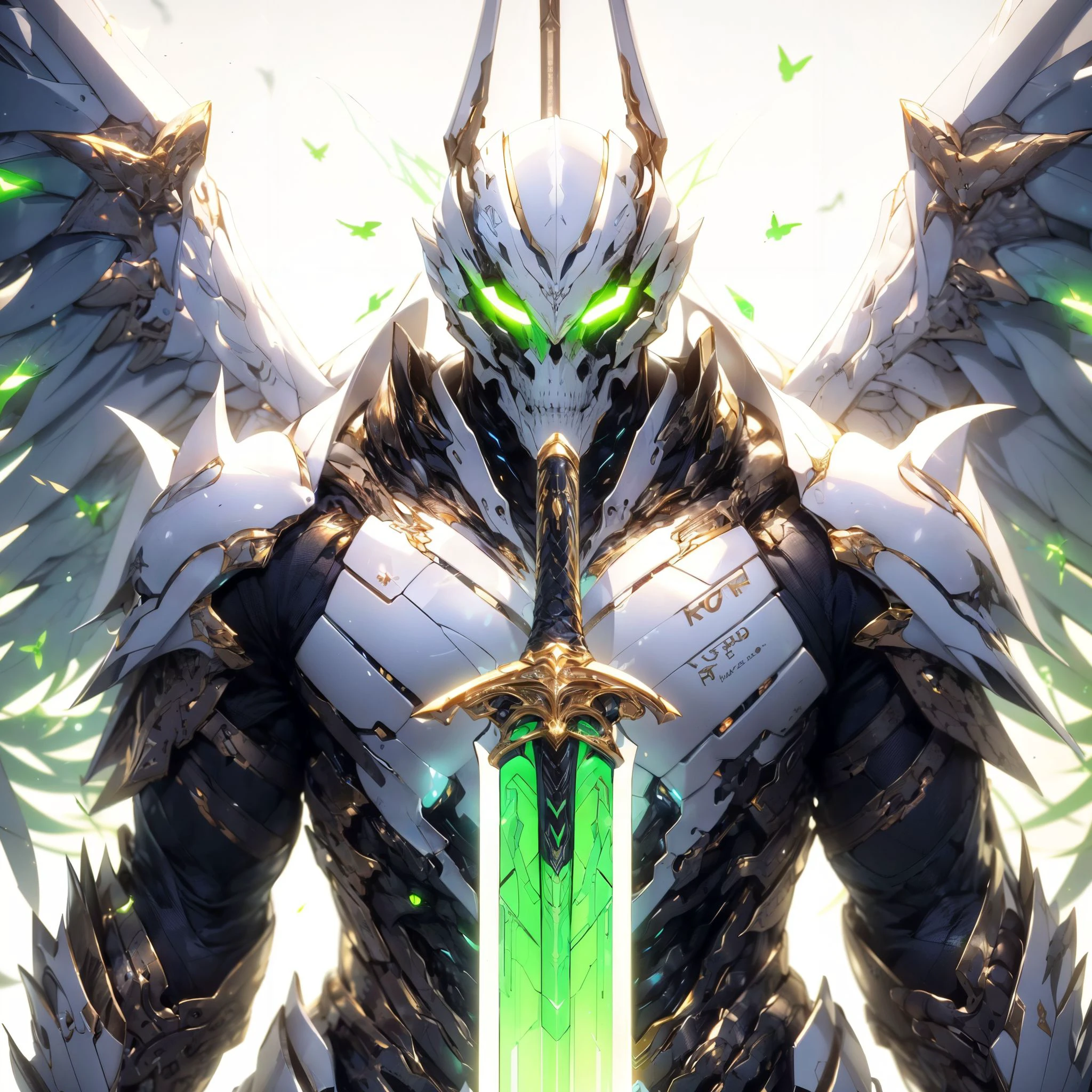 (hailoknight, Solo, 1boy wearing white armor, white skeleton helmet, glowing green eyes, white wings, holding giant green energy sword infront of him:1.3), (simple glowing background:1.25)<lora:add_detail:0.3>, <lora:hailoknightV2E12:1>, masterpiece, best quality, wide-angle, Hyperdetailed, masterpiece, best quality, 8k, natural lighting, soft lighting, sunlight, HDR (High Dynamic Range), Maximum Clarity And Sharpness, Multi-Layered Textures