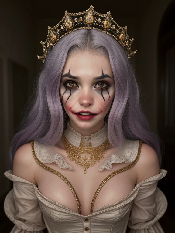 (by_Dan_Winters,by_Russell_James), a photo of Fashion photography of a joker, 1800s renaissance, clown makeup, editorial, insanely detailed and intricate, hyper-maximal, elegant, hyper-realistic, warm lighting, photography, photorealistic, 8k <lora:IWR-BelleDelphineUltimate:1>, highly detailed, face, depth of field, moody light, golden_hour, centered, extremely_detailed, Nikon D850, award_winning_photography