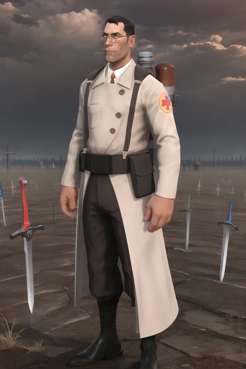 Highly detailed, High Quality, Masterpiece, beautiful, 1boy, solo, Unlimited Blade Works, <lora:UnlimitedBladeWorks1.6:0.9>, tf2med, rounded eyewear, facial hair, labcoat, coat, <lora:Char_TF2_Medic:0.8>, full body,