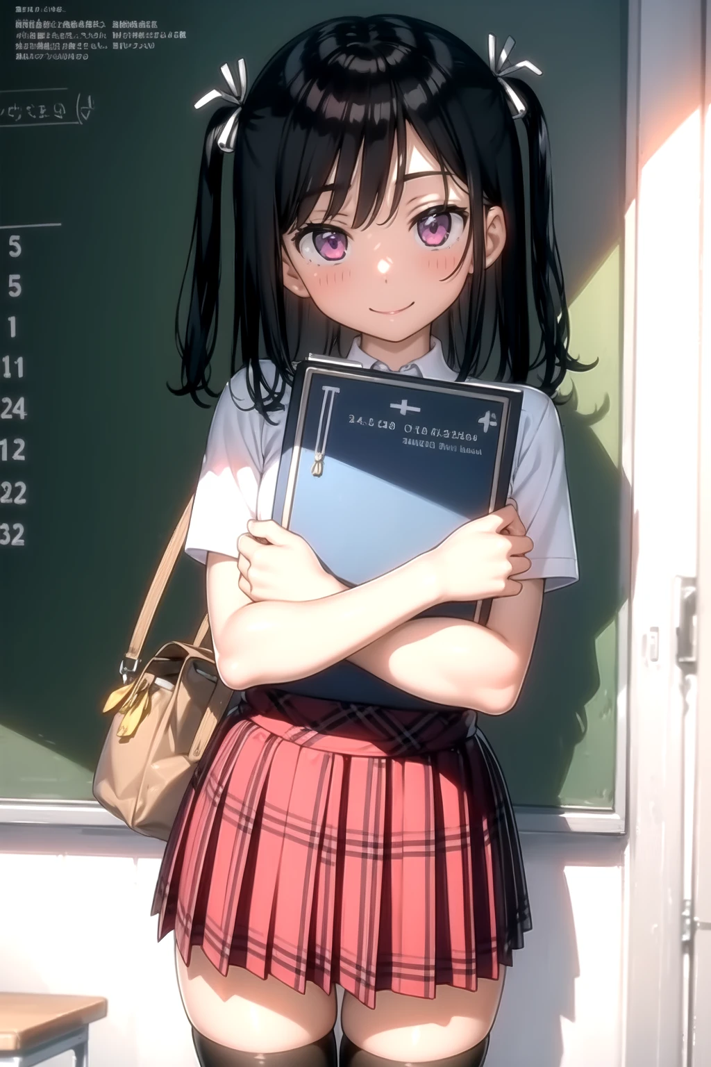 <lora:kantoku_v0.1:1>
1girl, solo, long hair, looking at viewer, blush, smile, skirt, brown hair, black hair, thighhighs, ribbon, school uniform, purple eyes, hair ribbon, pleated skirt, black thighhighs, bag, two side up, zettai ryouiki, book, plaid, plaid skirt, object hug, classroom, chalkboard, calendar (medium), masterpiece, best quality, highly detailed