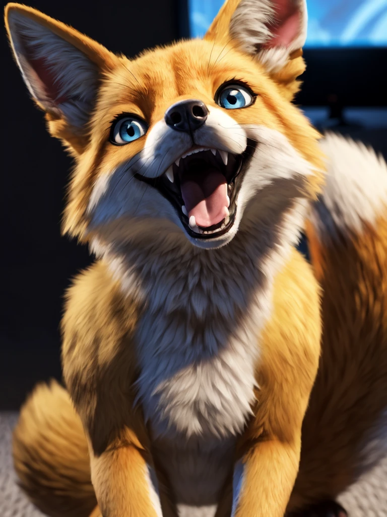 , solo, anthro, pokemon, mammal, fox, nintendo, pokemon species, blue eyes, hi res, fur, tongue, video games, looking at viewer, yellow fur, canid, yellow body, female, open mouth, canine, generation 1 pokemon, white body, smile, absurd res<lora:Furtastic_Detailer:1>