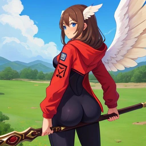 masterpiece, best quality, <lora:AssSupportWithObjectV1-000030:1>, ASWO, 1girl, ass, head wings, blue eyes, breasts, jacket, wings, bodysuit, hood, staff, white wings, black bodysuit, long hair, brown hair, tattoo, hoodie, weapon