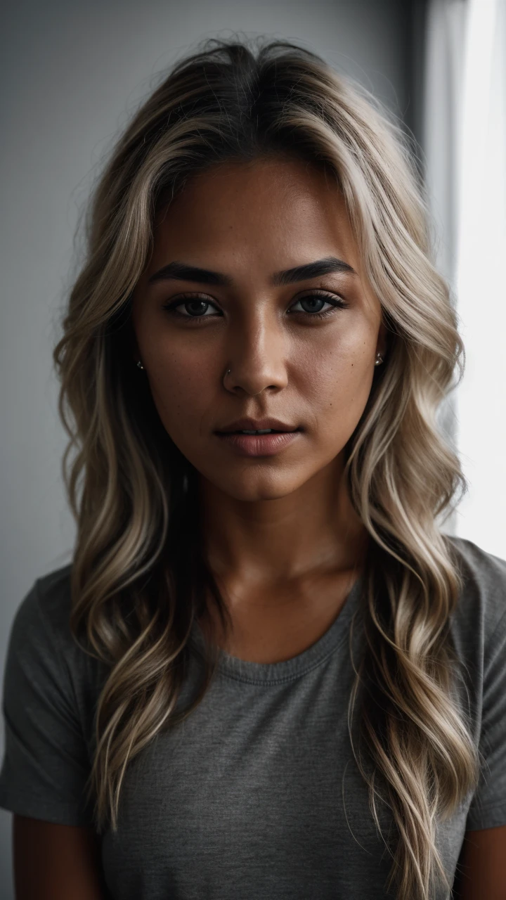 selfie portrait photo straight view of 32 y.o (tanned:1.3) female face only, wearing gray shirt, wavy dirty-blonde hair, cinematic shot, very dark dramatic blind lighting 8k uhd, natural color palette (light-brow-eyes:1.2)