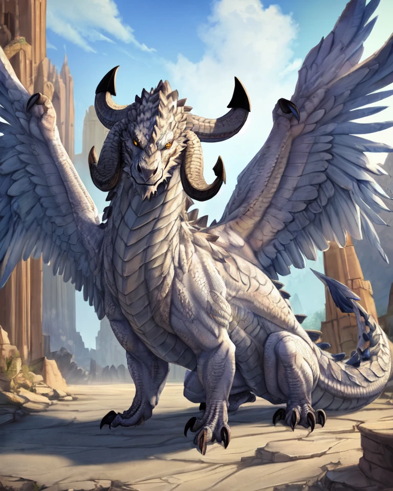 (feral:1.4), hraesvelgr, furred dragon, wings, extra wings, 4wings, feathered wings, hraesvelgr horns, large horns, extra horns, 4horns, yellow eyes, thin, hi res, soft shading, (detailed eyes), beautiful eyes, detailed face,  good anatomy, detailed scales, 1tail, tail, cinematic lighting, by woolrool, crayon \(artist\), buta99, (realistic scales, scales, realistic scale texture), detailed background, outdoors, hands on ground